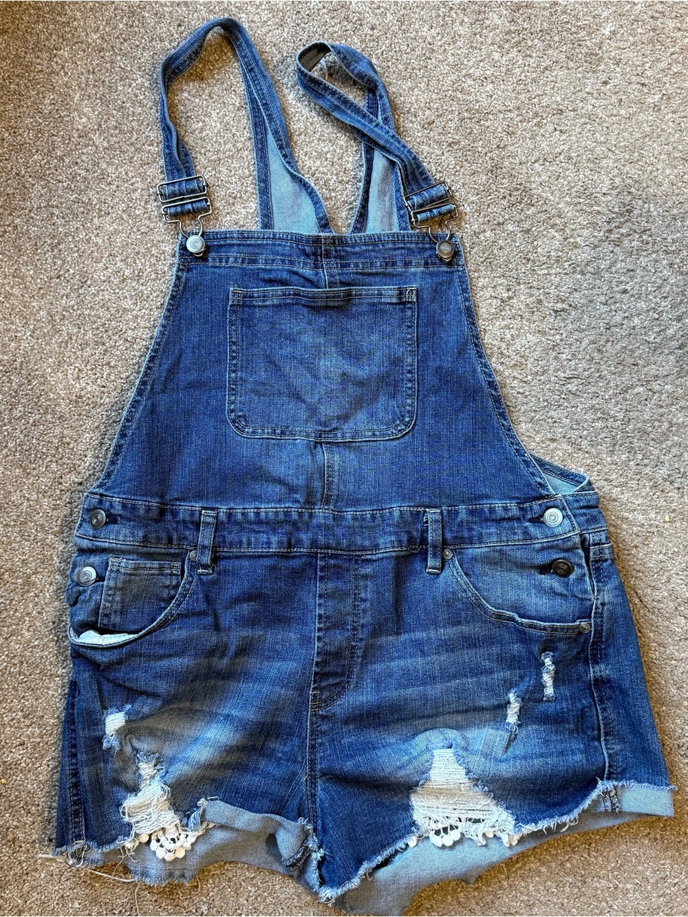 Denim Distressed Short Overalls - Blue